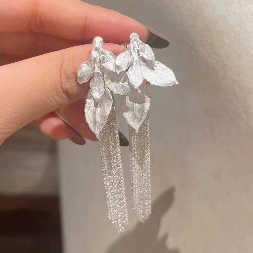 Platinum Plated Silver Leaf Tassel Earrings | Elegant Fringe Drop