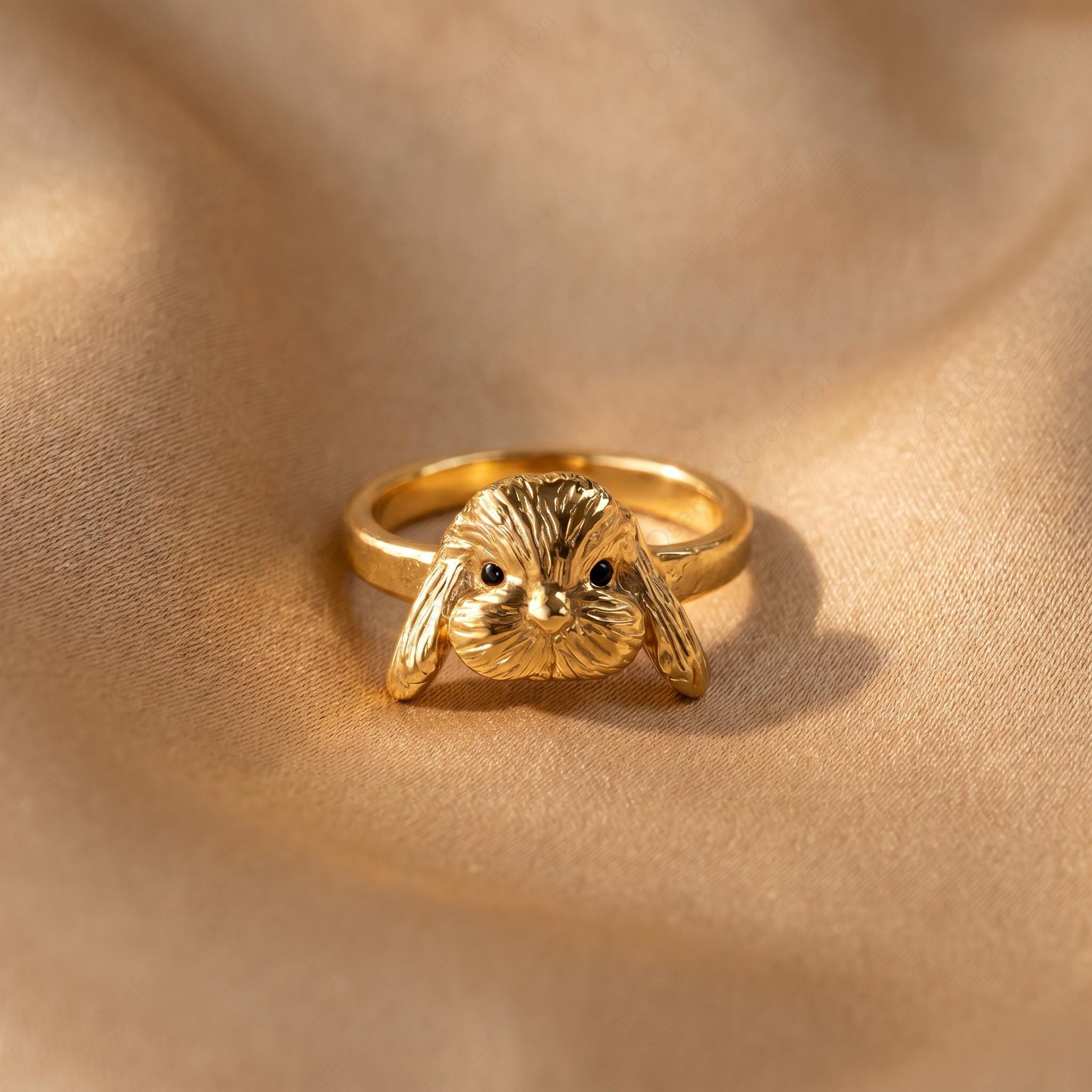 Sculptural Lop Bunny Ring, Gold Plated Brass, Vintage Style Animal Jewelry