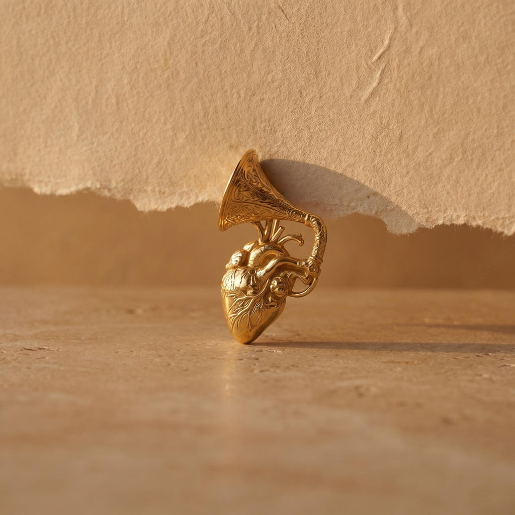 Golden Heart Gramophone Brooch Pin | Anatomical Heart Music Brooch | Gold Tone Lapel Pin | Music Lover Gift | Statement Art Jewelry