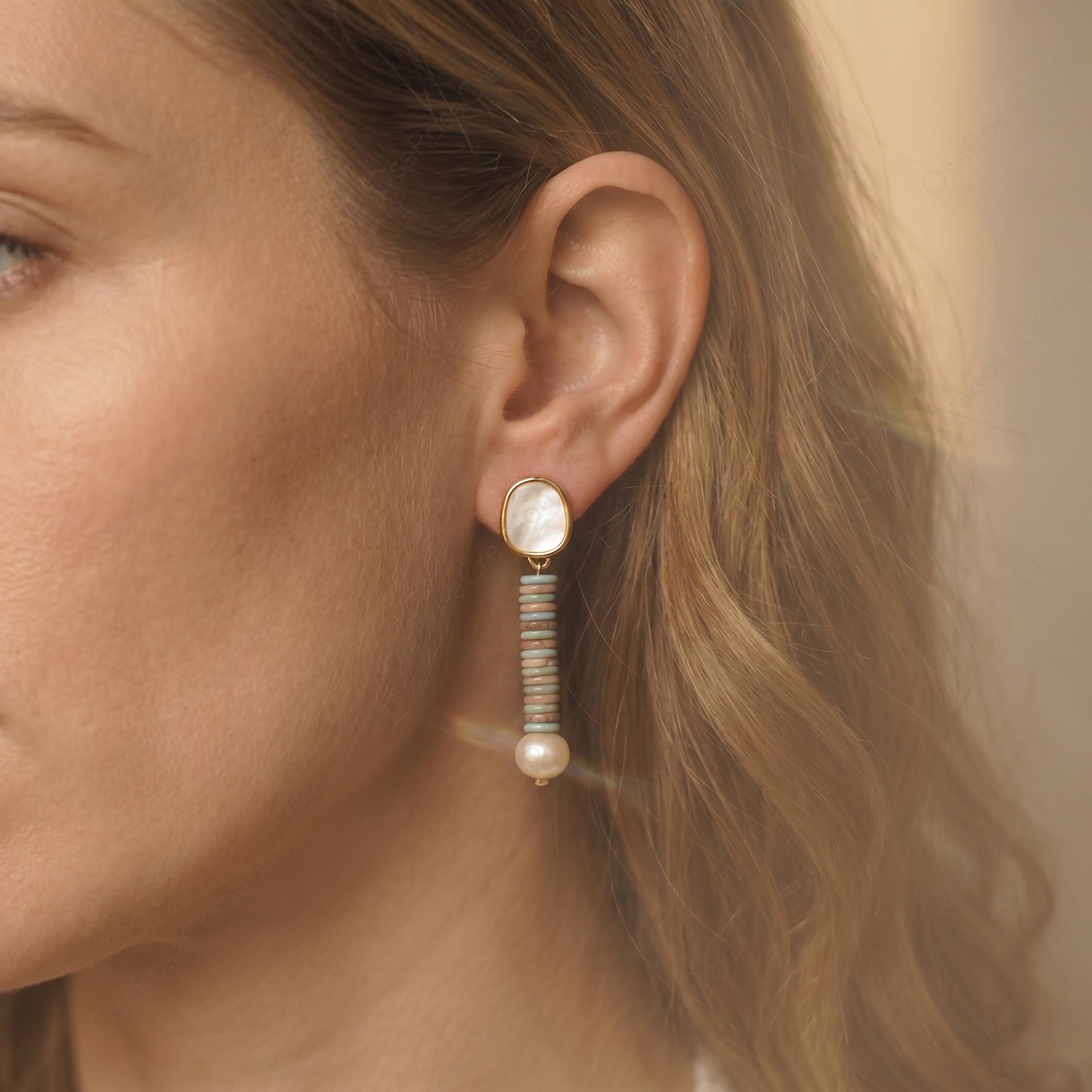 Mother of Pearl Dangle Earrings, Freshwater Pearl Drop Earrings, Mediterranean Style Beaded Jewelry, Coastal Quiet Luxury, Gift for Her