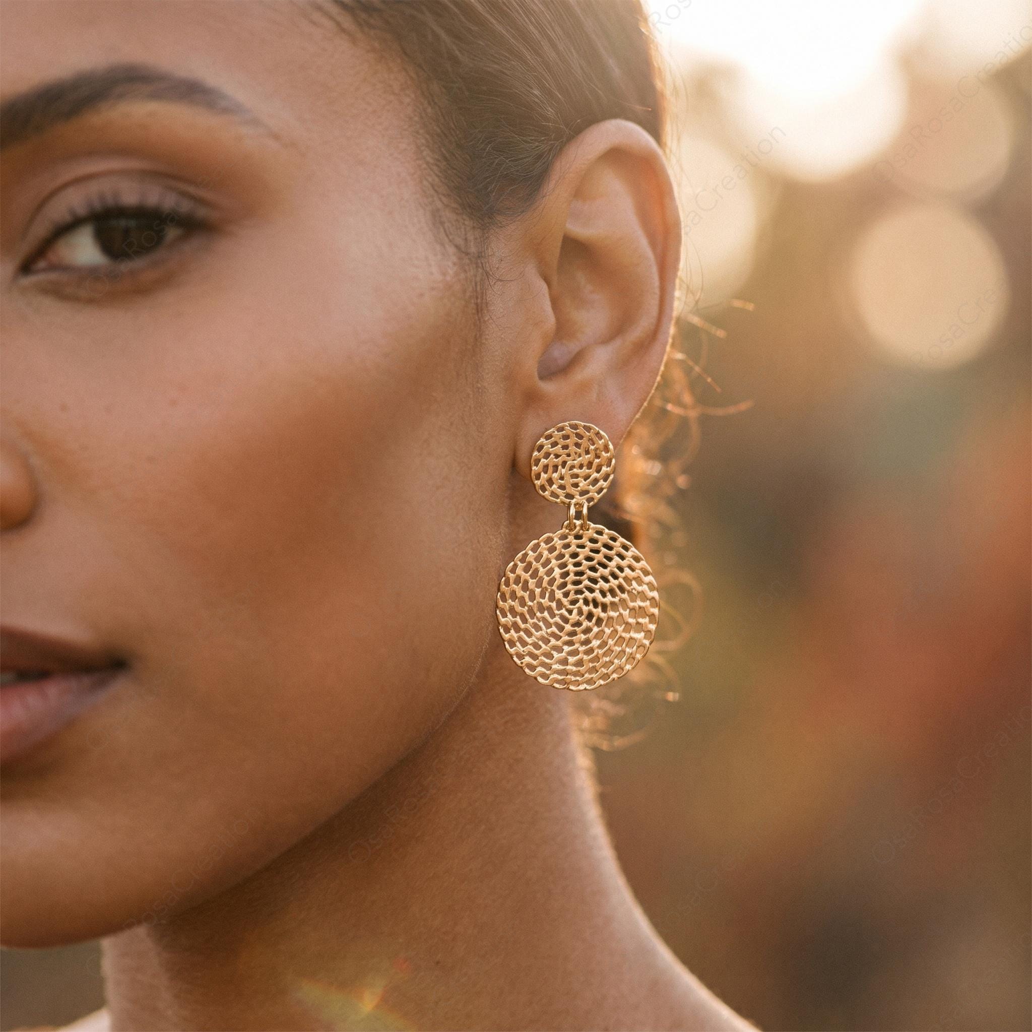 Gold Woven Disc Earrings | Geometric Drop Earrings | Filigree Circle Dangle Earrings | Mediterranean Style Jewelry | Artistic Statement