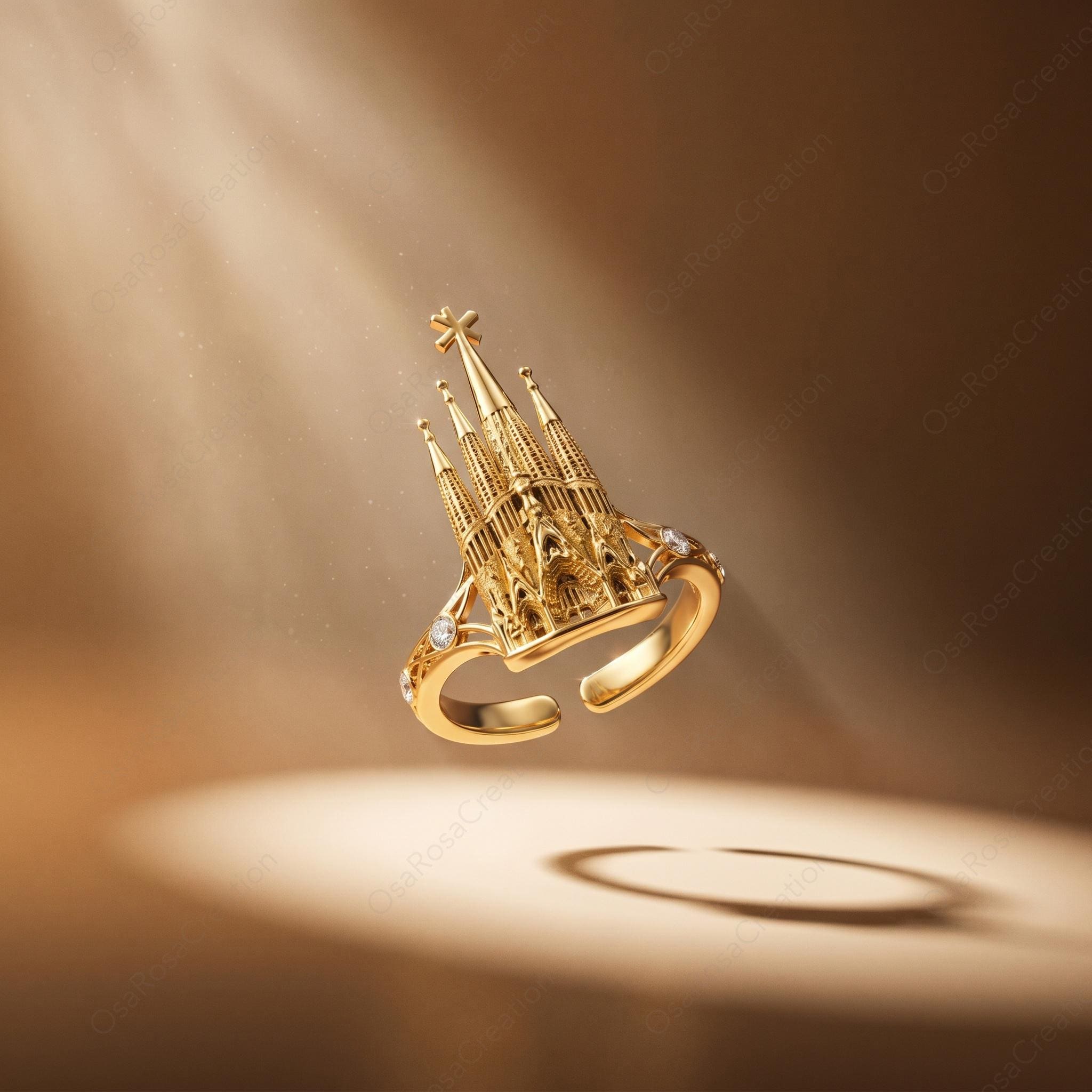 Sculptural Gold Sagrada Familia Ring, Gaudi Inspired Architectural Jewelry, Cubic Zirconia Accent