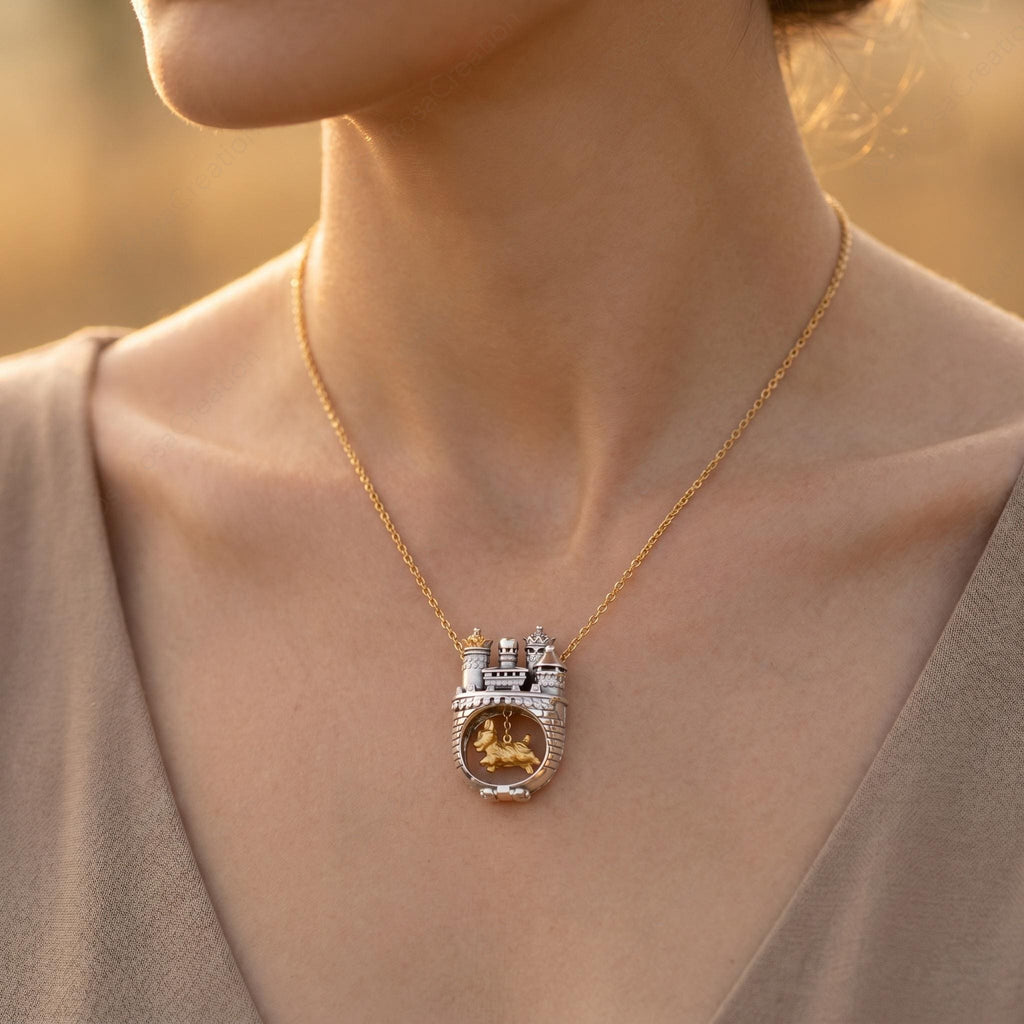 Mixed Metal Castle Dog Pendant Necklace, Fairytale Miniature Jewelry, Artistic Silver Choker