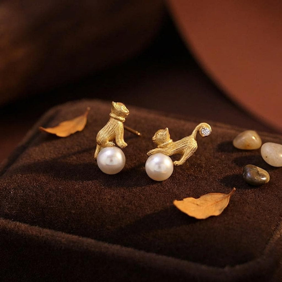 Playful Cat Pearl Earrings