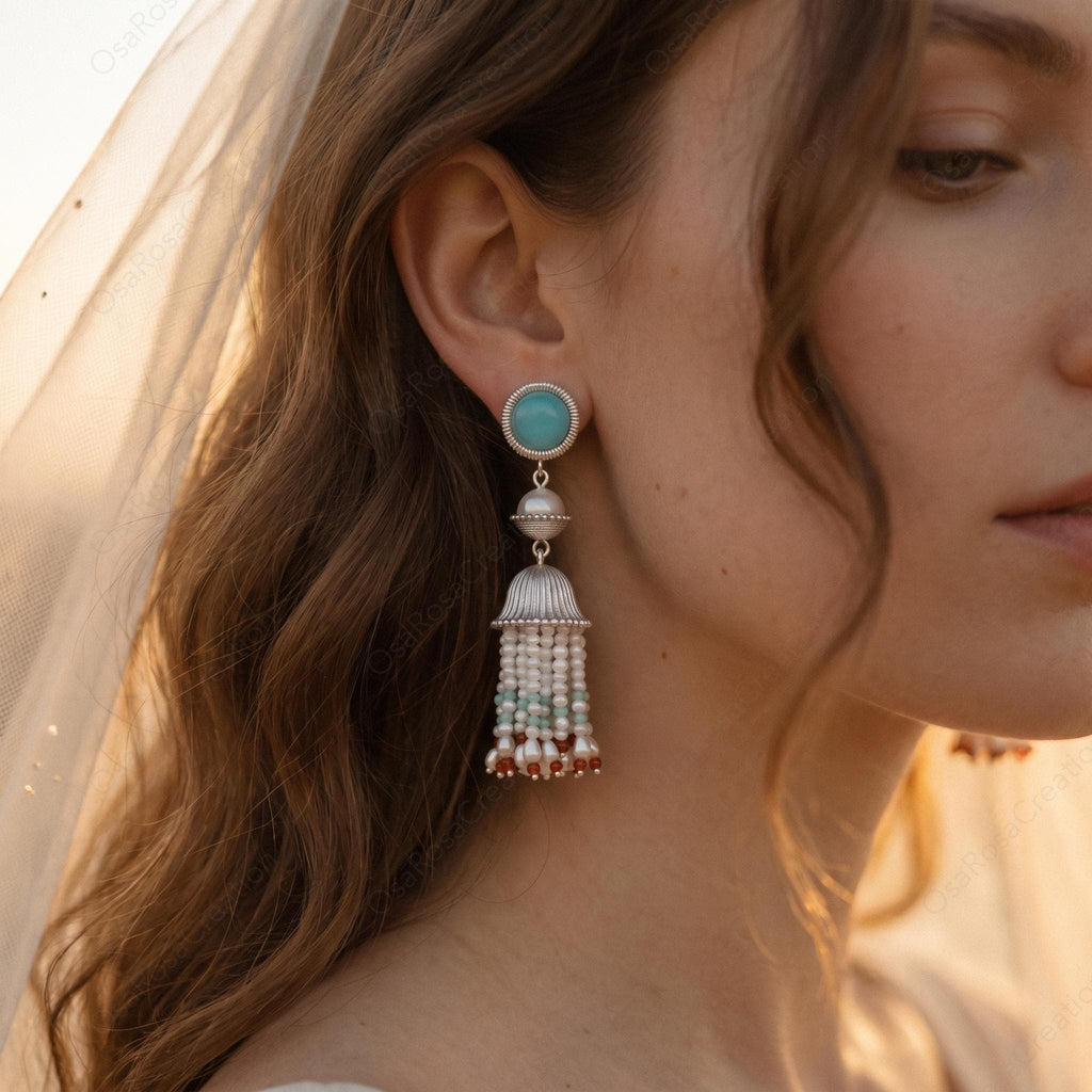Artisan Sterling Silver Pearl Tassel Earrings, Mediterranean Blue Stone Bohemian Dangles