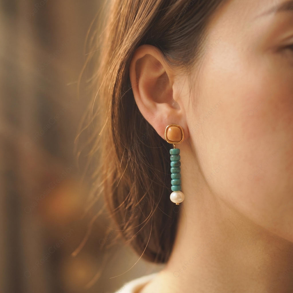Turquoise Pearl Drop Earrings, Mediterranean Coastal Jewelry, Coral Orange Gemstone Dangles, Artistic Boho Chic, Summer Vacation Gift