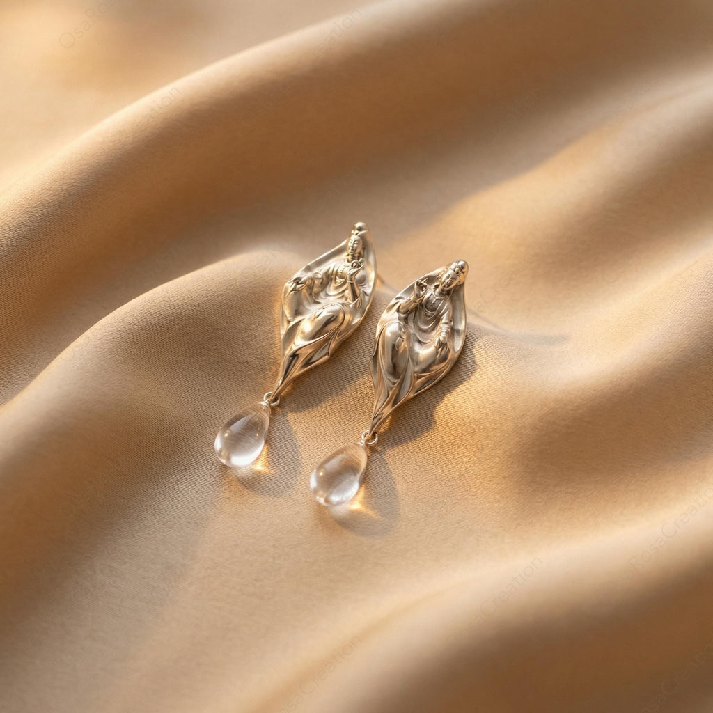 Sterling Silver Sculptural Meditative Figure Drop Earrings, Zen Crystal Dangle Jewelry