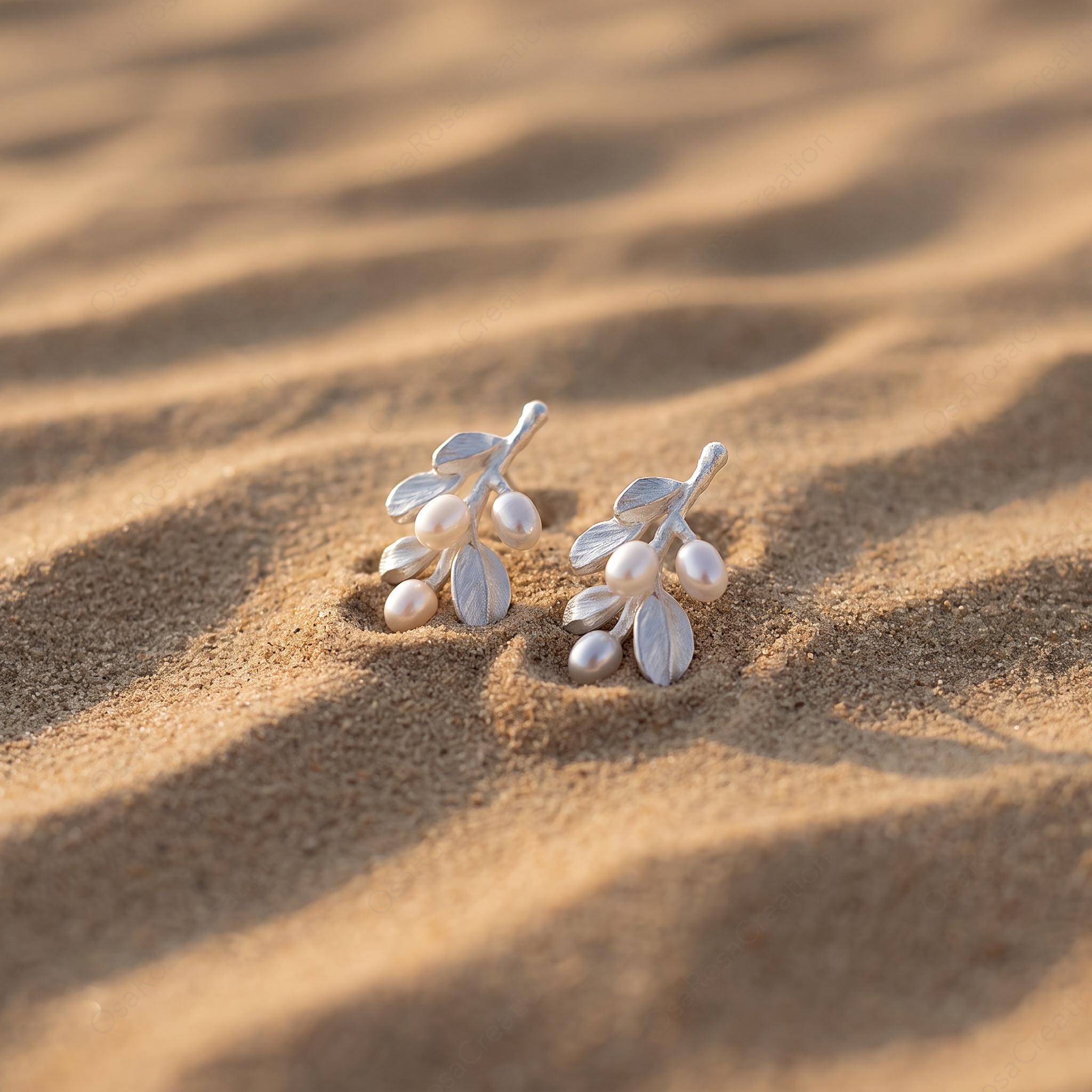 Silver Botanical Branch Earrings with Pearls