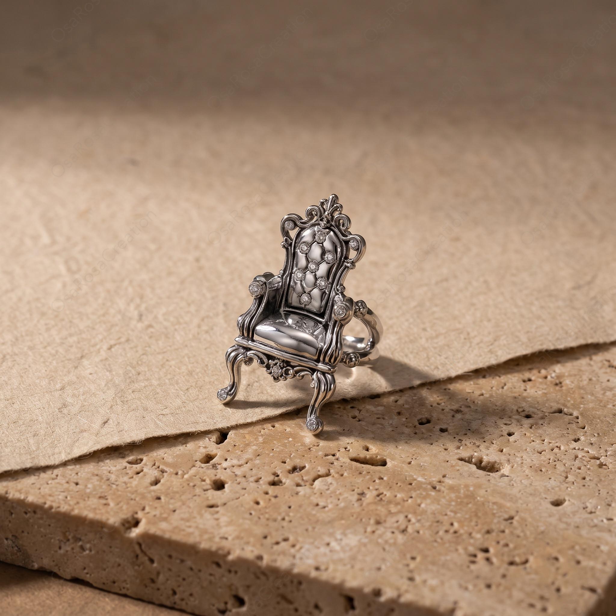 Baroque Throne Ring, Platinum-Plated Brass Sculptural Chair Jewelry, Vintage Inspired Statement Ring