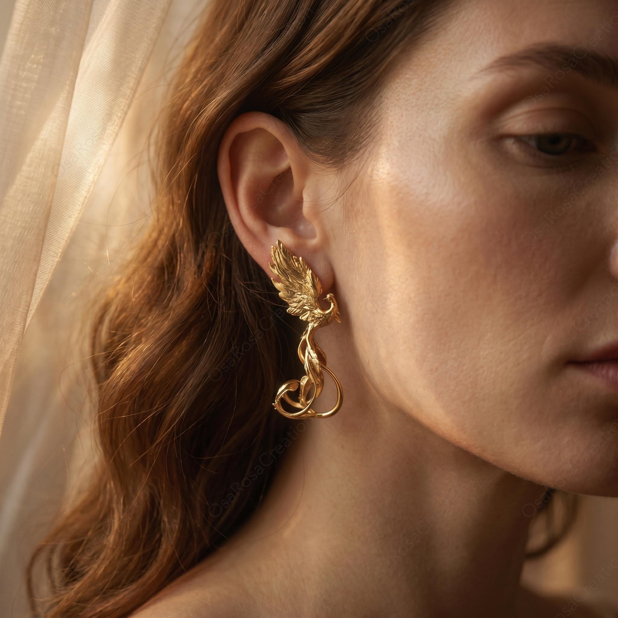 Gold Phoenix Earrings • 18k Plated Brass, S925 Post,Symbol of Rebirth & Strength •New Beginning Gift