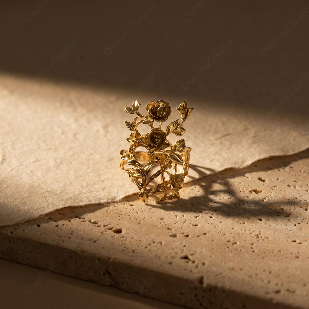 Rose Adjustable Ring Gold Floral Design | Open Botanical Ring Baroque Style | Elegant Flower Ring for Women