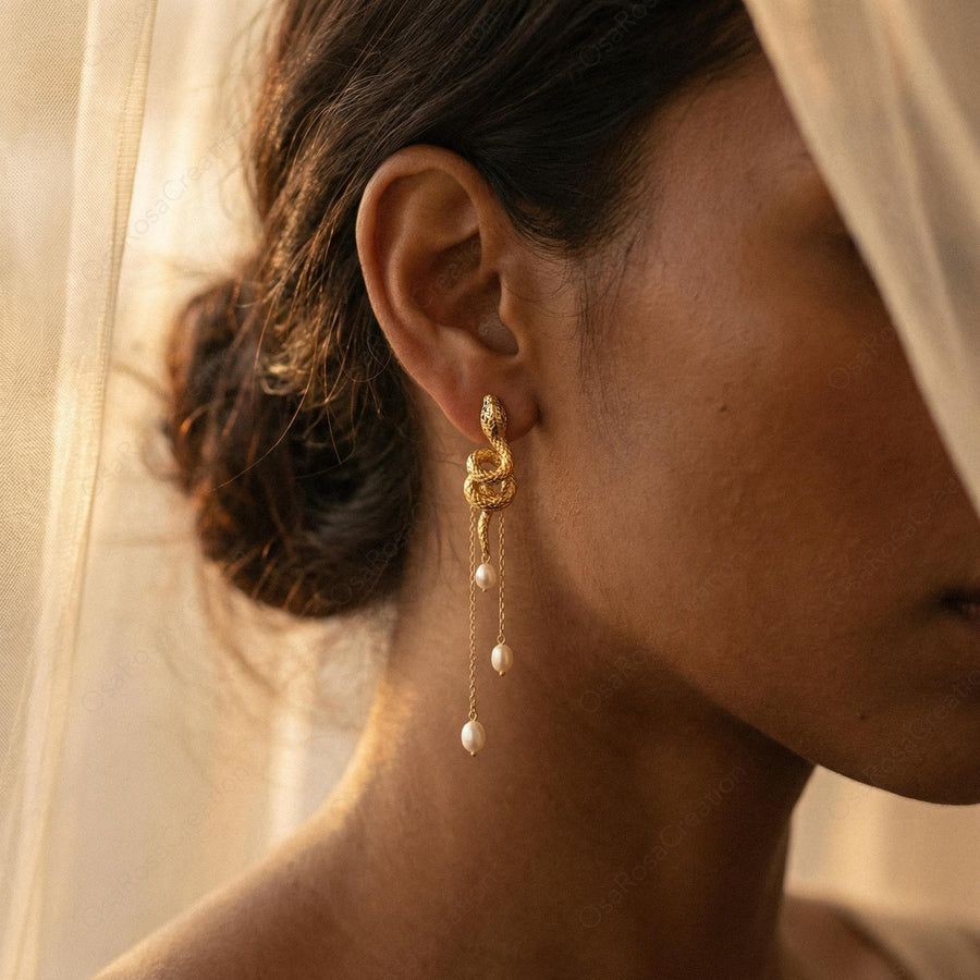 Serpent Pearl Tassel Earrings