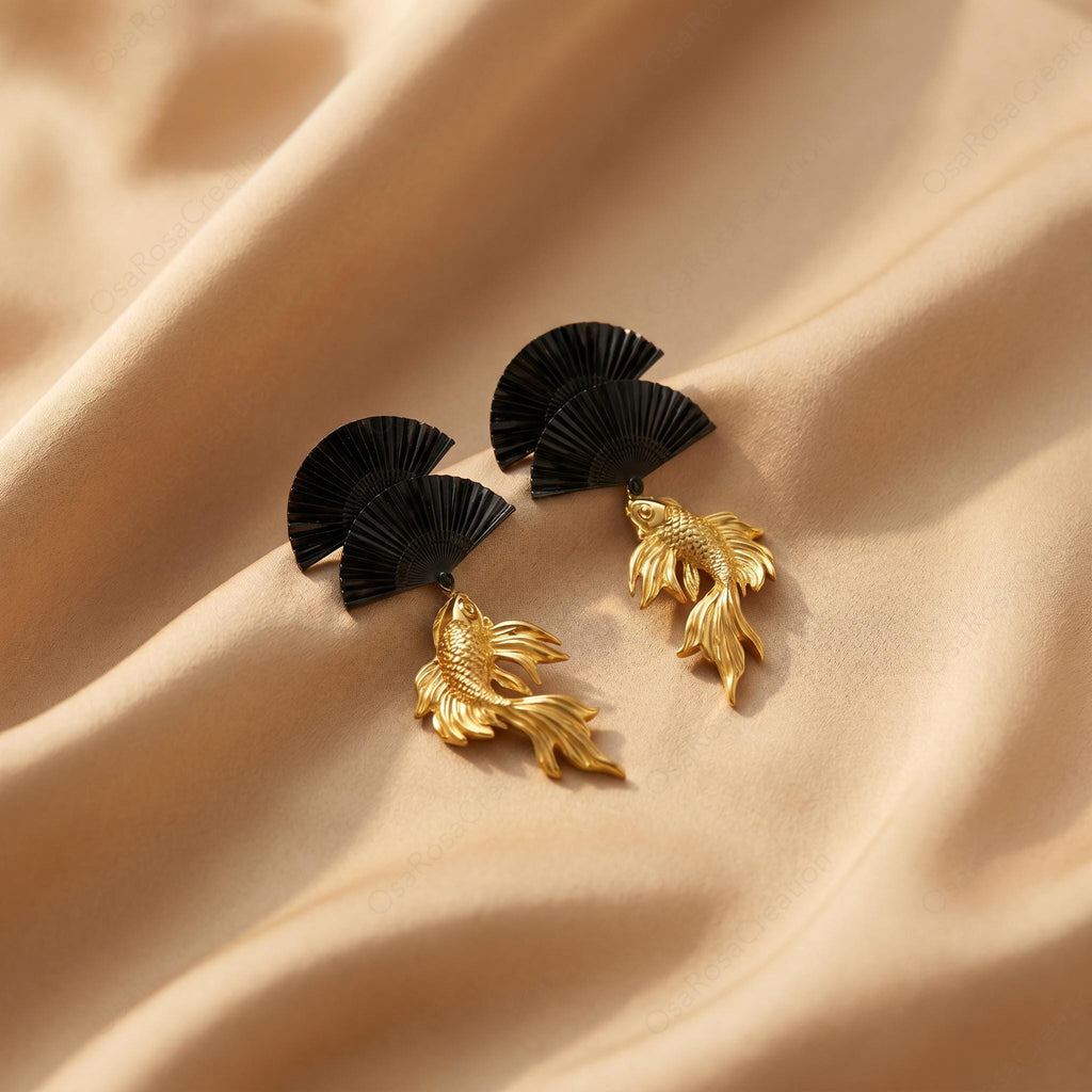 Sculptural Koi Fish Black Fan Earrings, Artistic Gold Oriental Jewelry