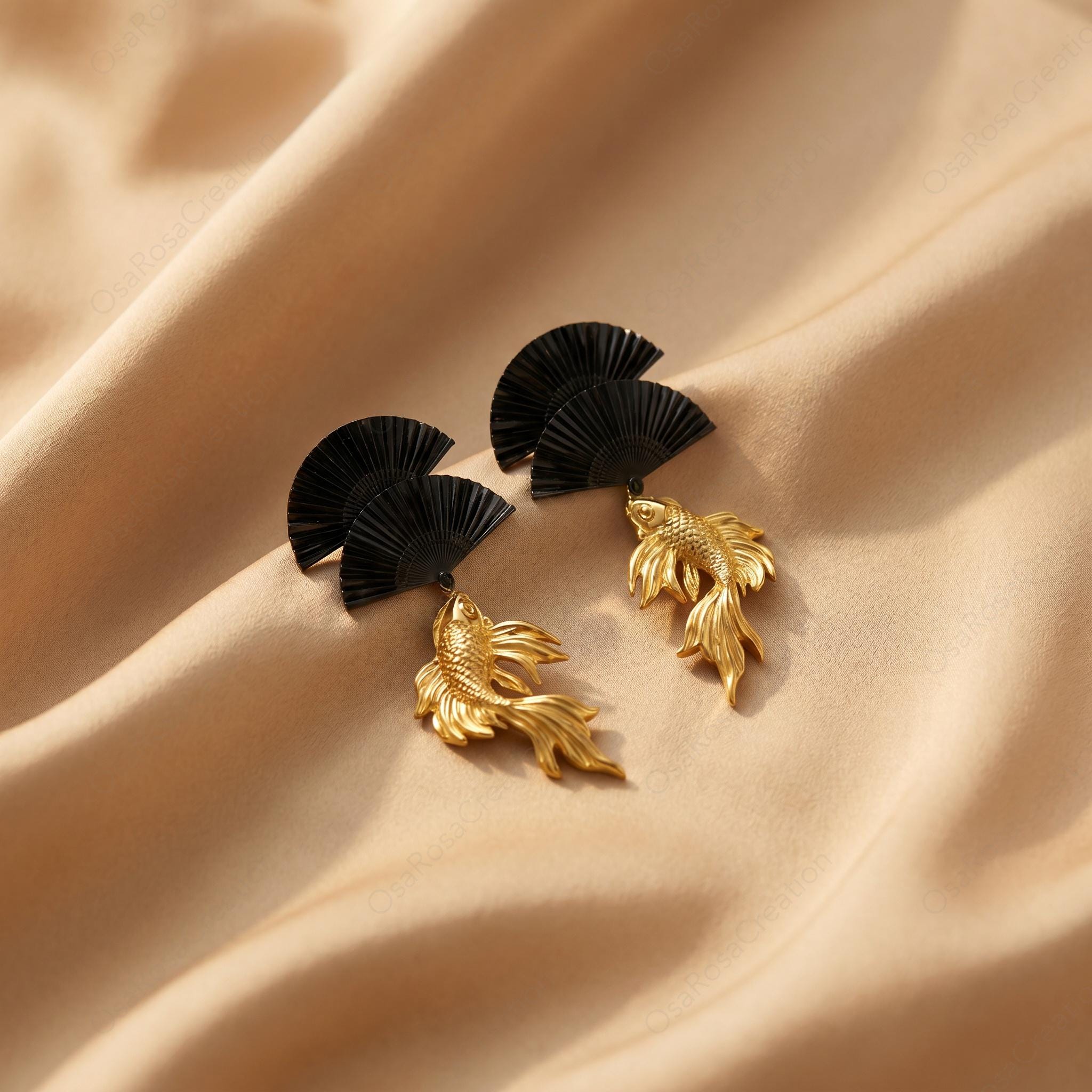 Sculptural Koi Fish Black Fan Earrings, Artistic Gold Oriental Jewelry