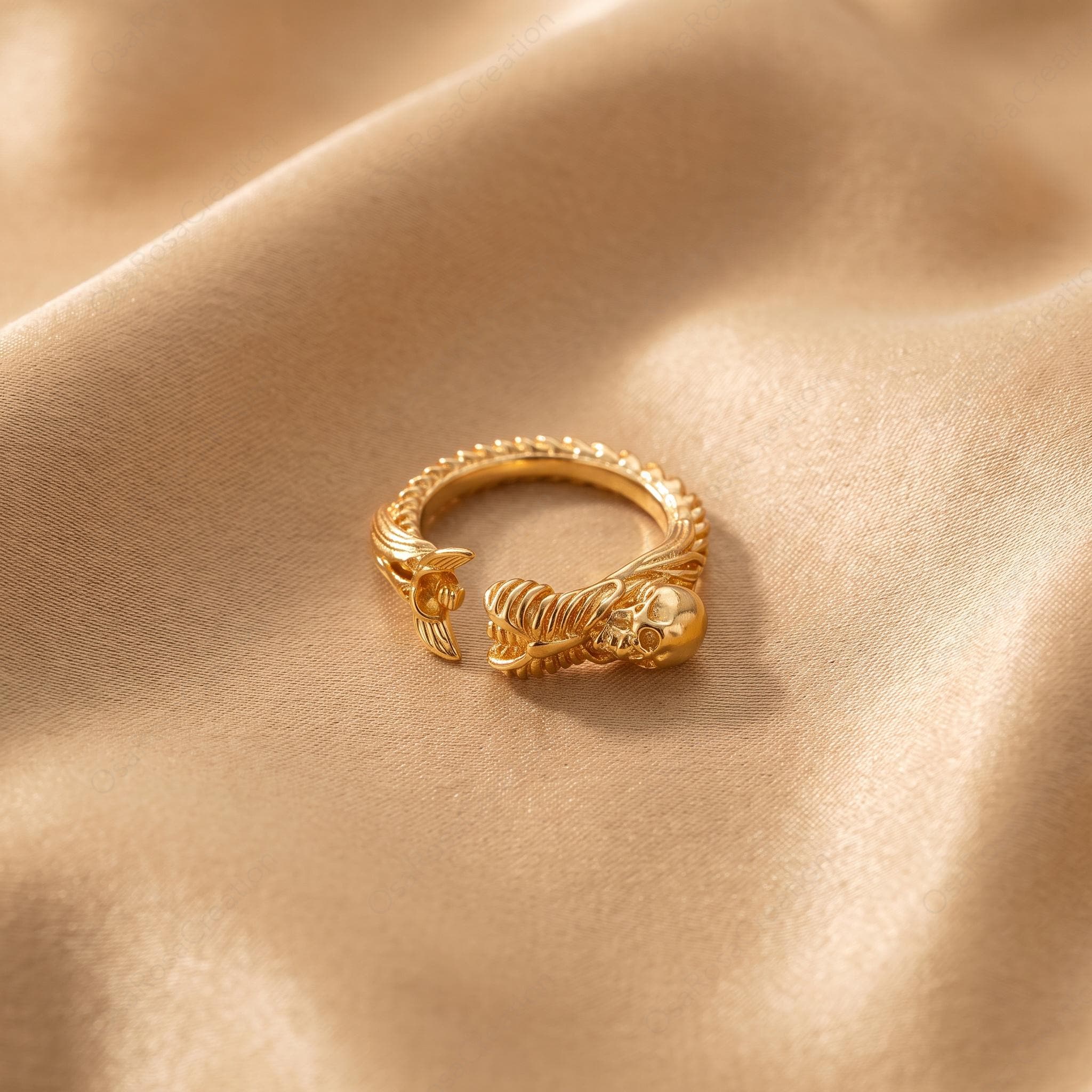 Gold Skull Ring | Adjustable Brass Skeleton Mermaid Tail Statement Jewelry