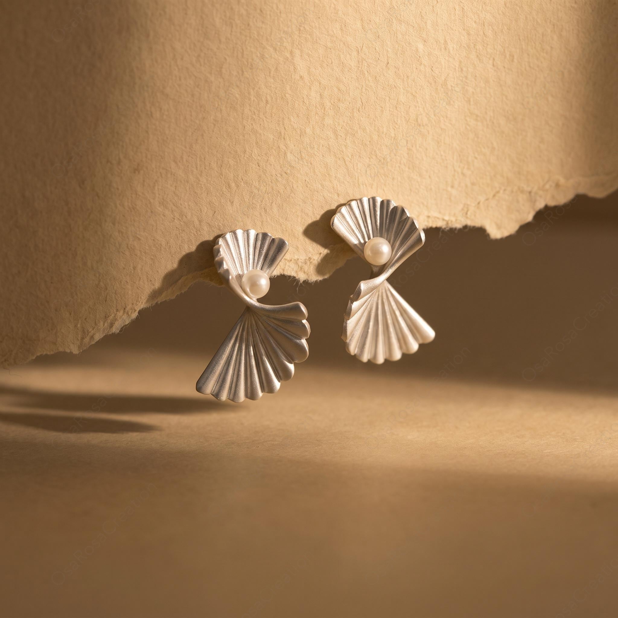 Sculptural  Silver Fan Earrings with Pearl, Ocean Coastal Jewelry