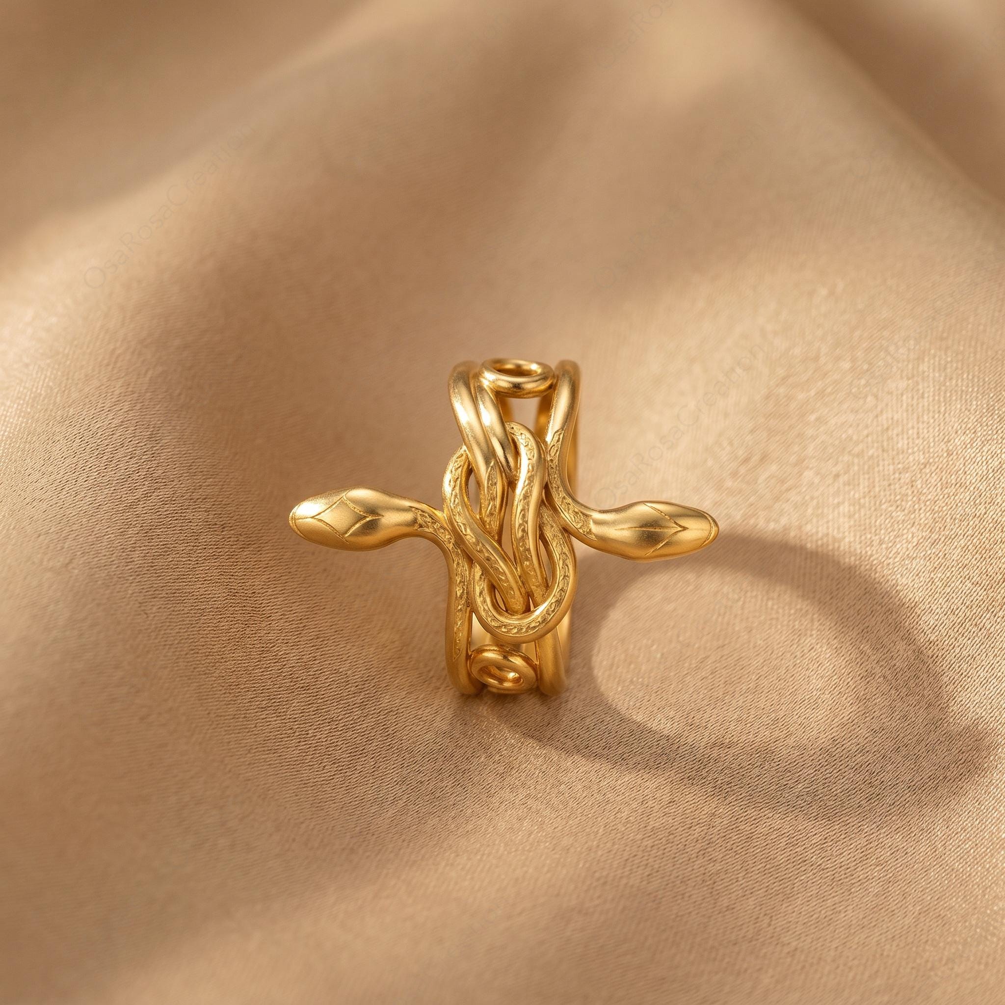Sculptural Gold Snake Ring, Textured Serpent Animal Jewelry, Ancient Style Statement Ring
