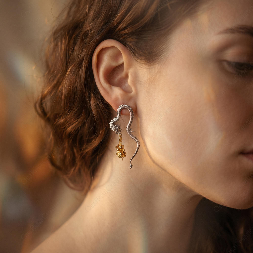 Silver Dragon Drop Earrings with Gold Fairy Charm Sculptural