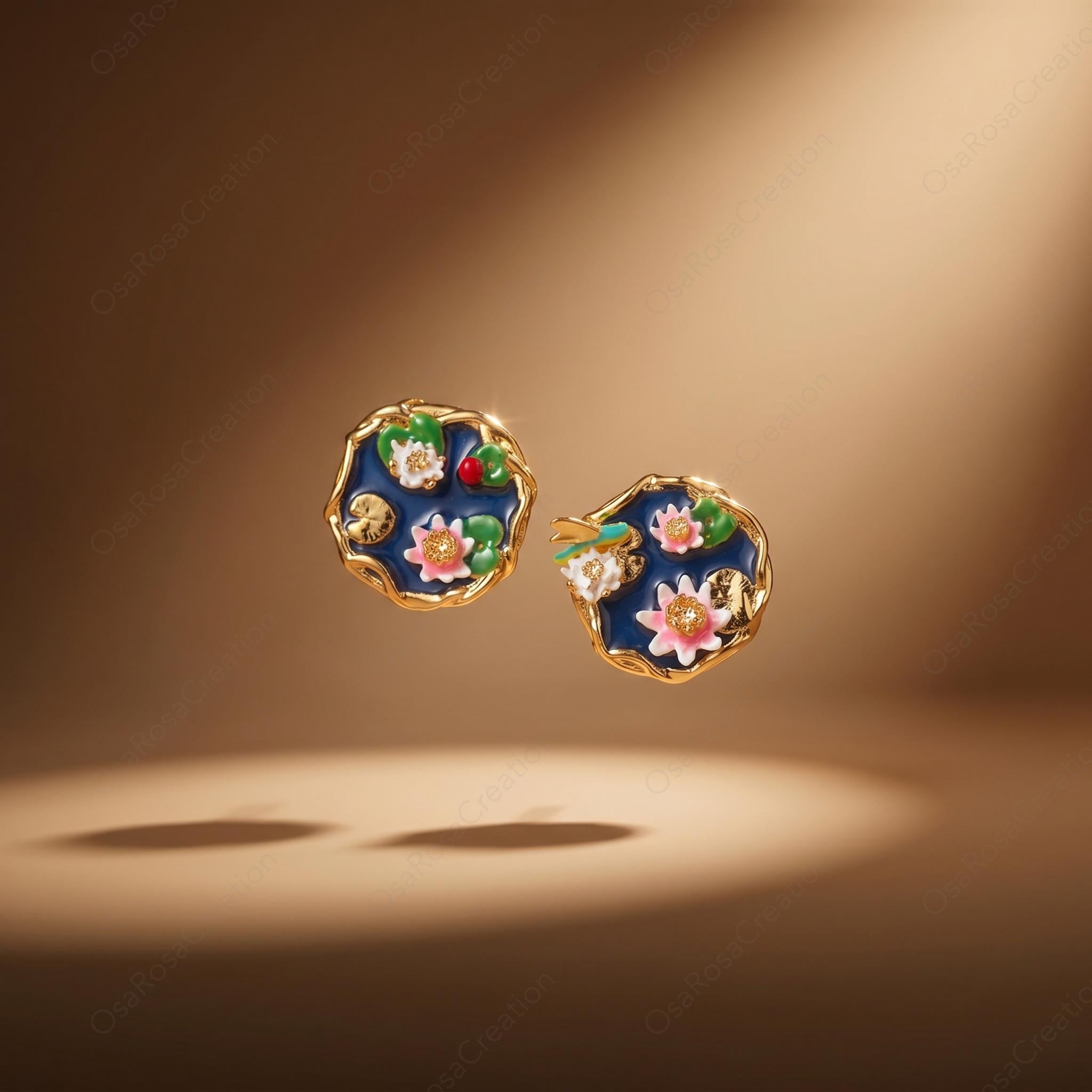 Vintage Floral Enamel Earrings, Deep Blue Botanical Studs, Gold Framed Flower Jewelry