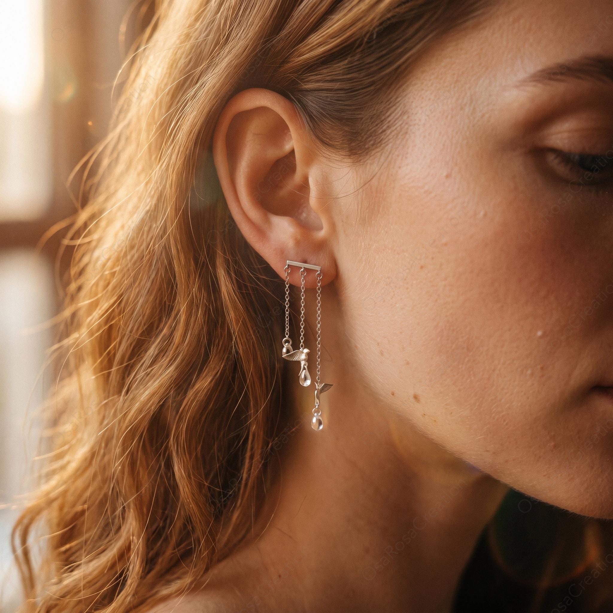 Kinetic Silver Bird Drop Earrings with Crystal Fringe – Nature Inspired Chandelier Jewelry