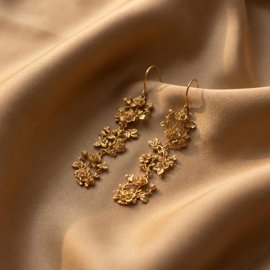 Gold Rose Drop Earrings