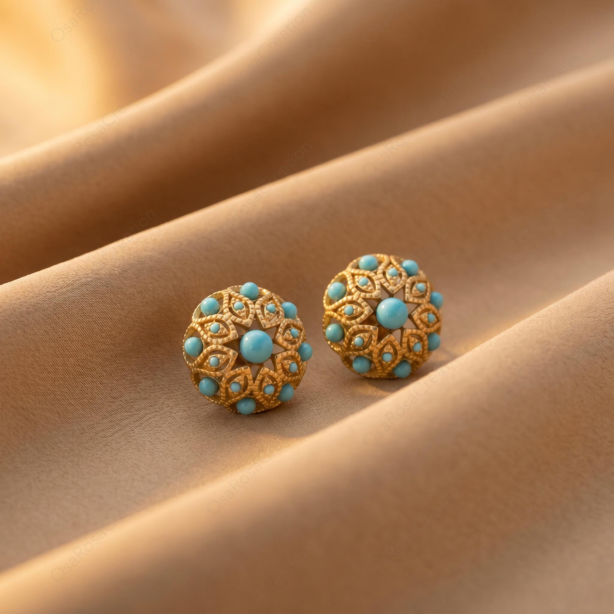 Vintage Style Turquoise Stud Earrings, Gold Filigree Floral Earrings, Mediterranean Art Deco Jewelry, Elegant Statement Earrings for Women