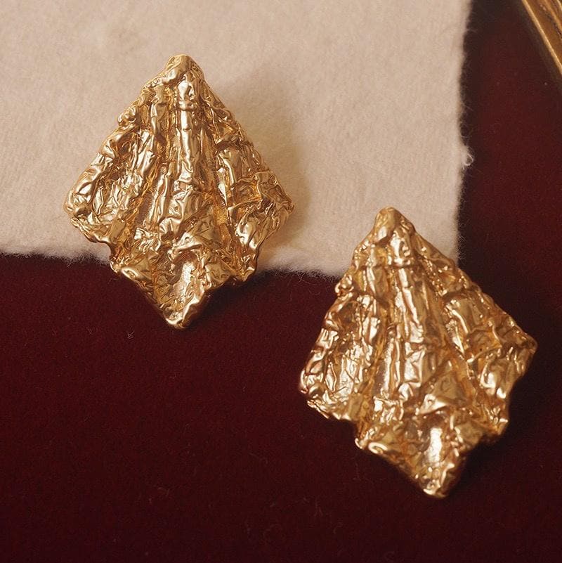 Gold Crumpled Texture Stud Earrings, Modern Minimalist, Sterling Silver Post