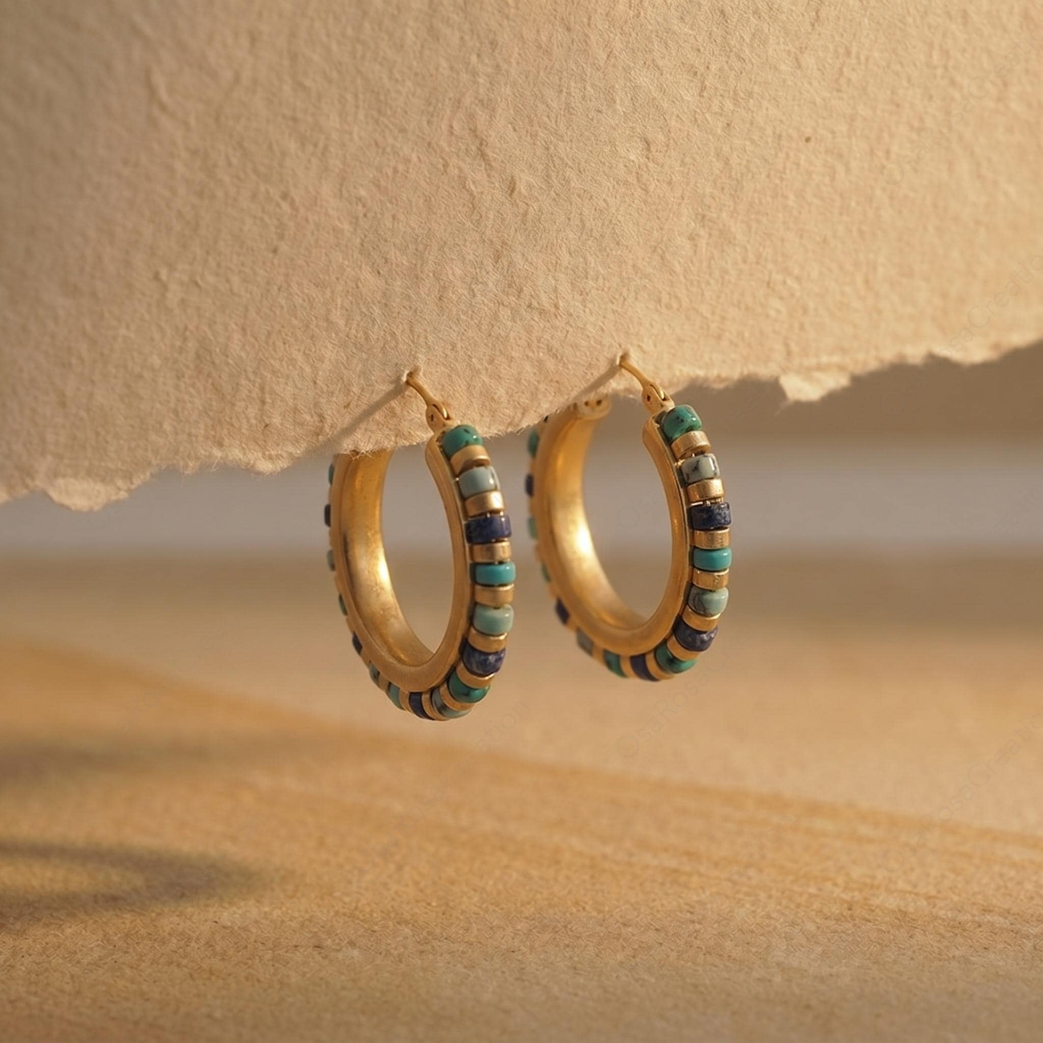Turquoise Beaded Gold Hoop Earrings, Mediterranean Style Chunky Hoops, Lapis Lazuli Tone Vintage Earrings