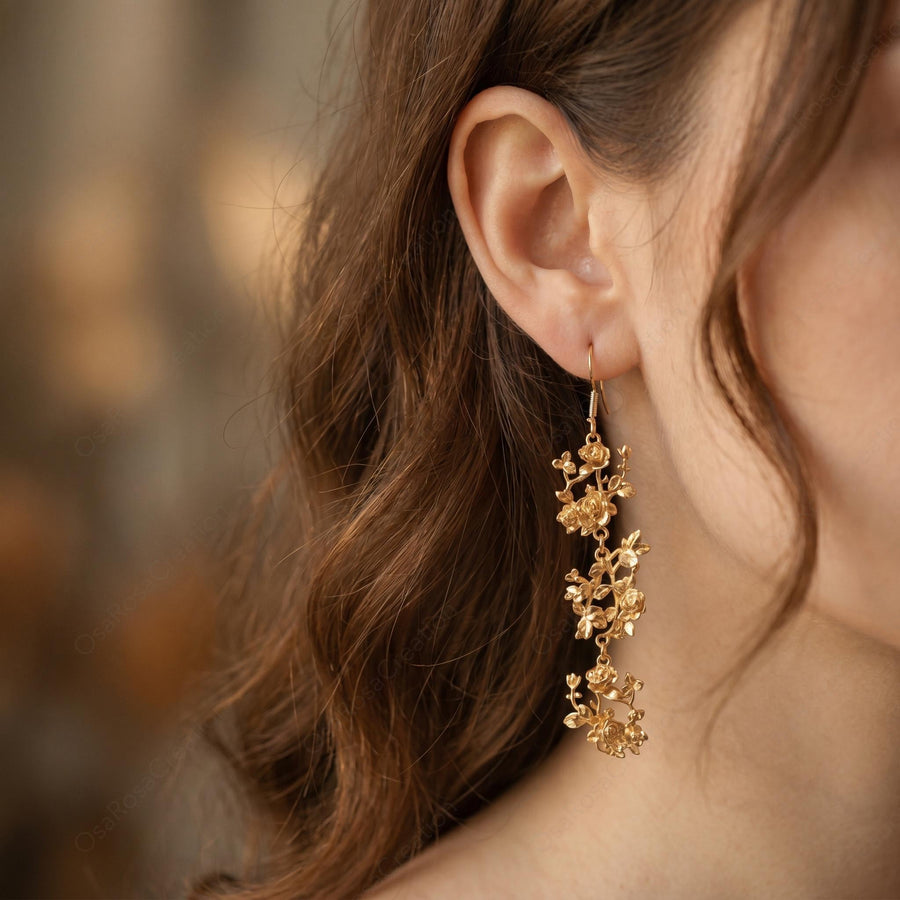 Gold Rose Drop Earrings