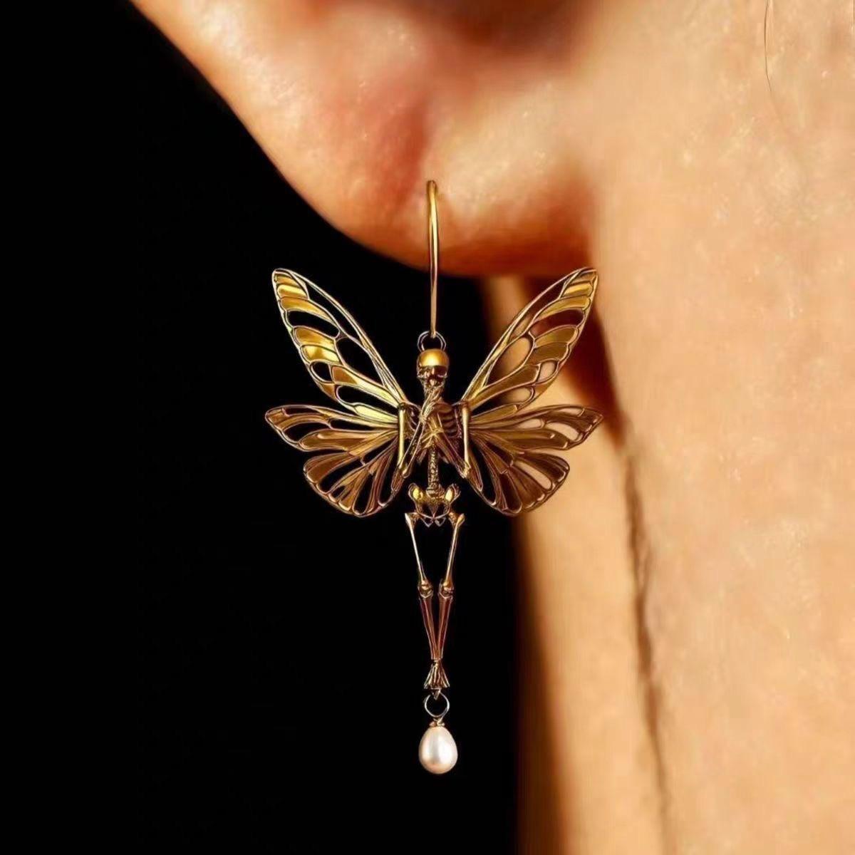 Butterfly Fairy Bone Earrings, Gold Pearl Drop, Ethereal Gothic