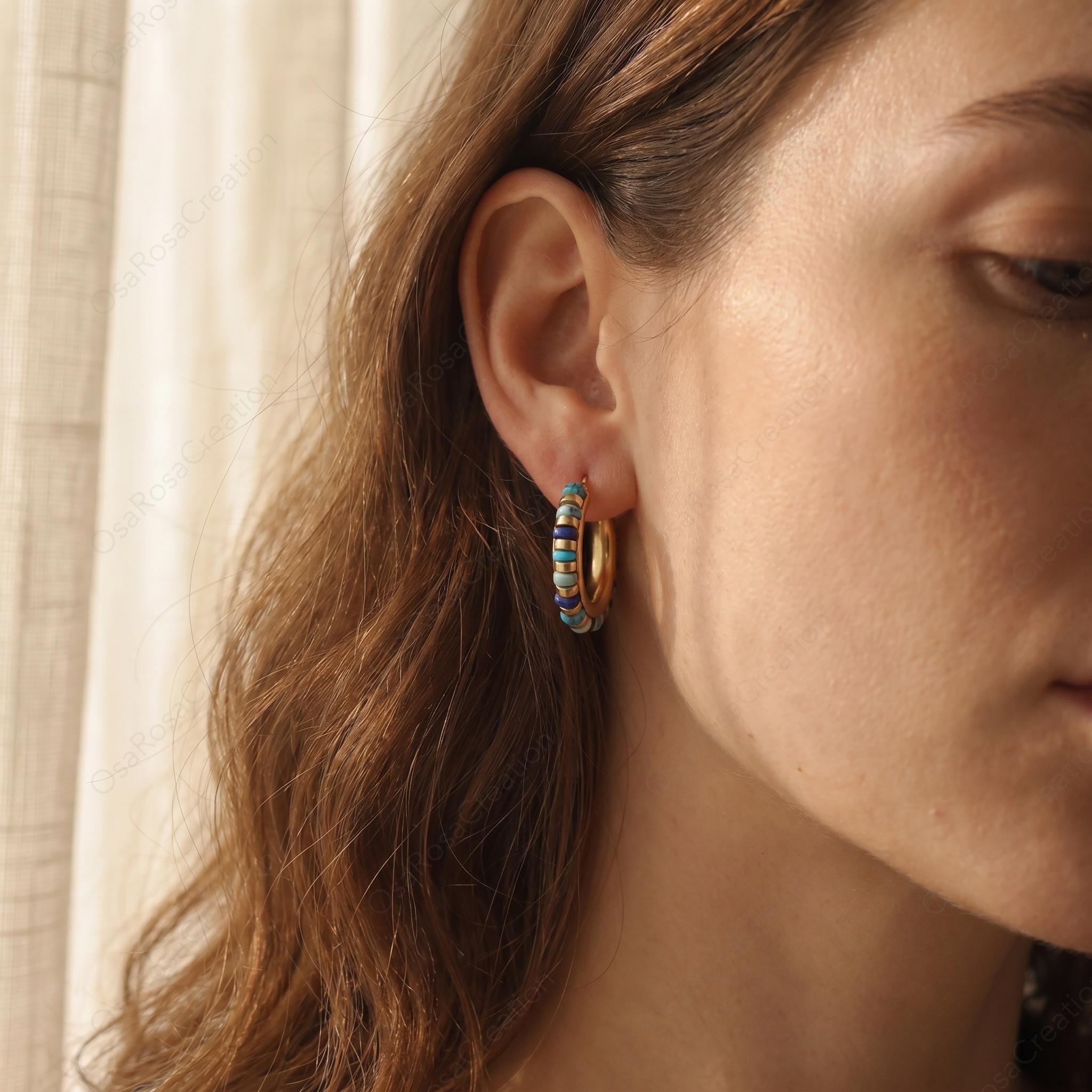 Turquoise Beaded Gold Hoop Earrings, Mediterranean Style Chunky Hoops, Lapis Lazuli Tone Vintage Earrings