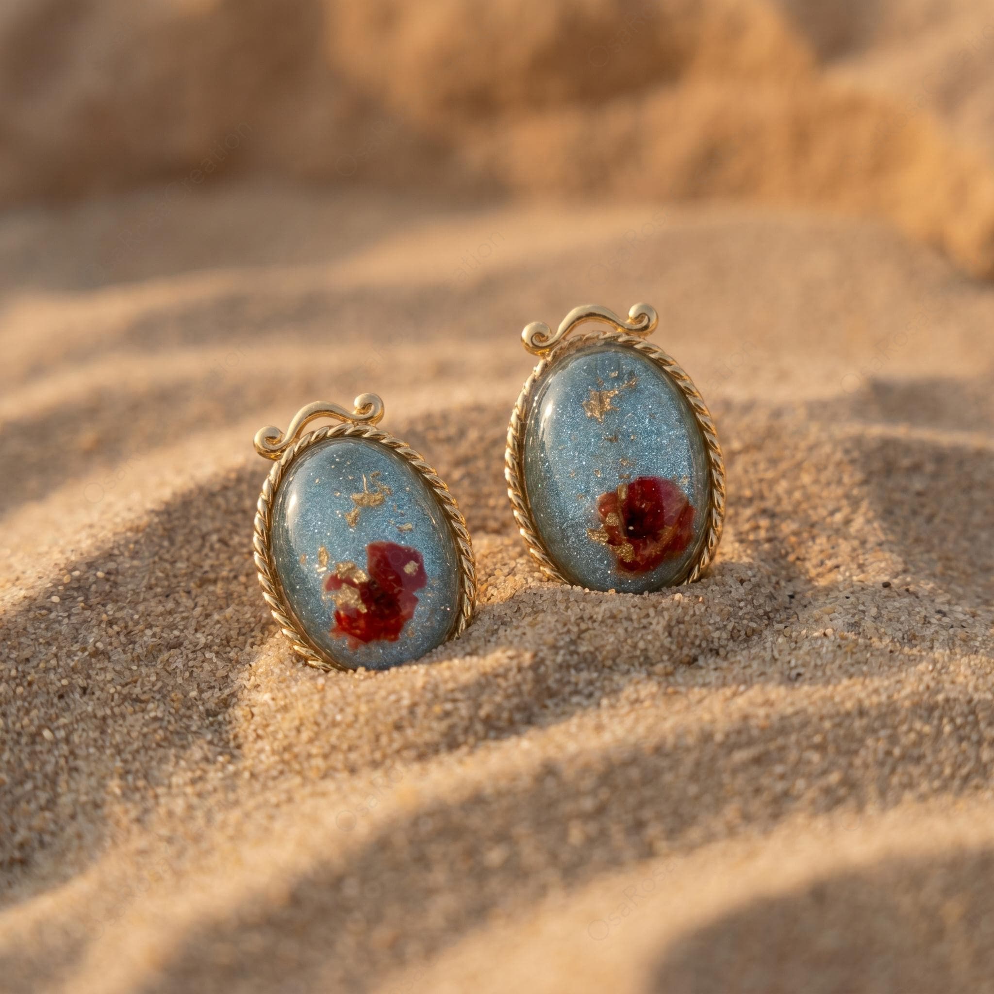Vintage Botanical Resin Earrings, Gold Framed Red Flower Studs, Art Jewelry