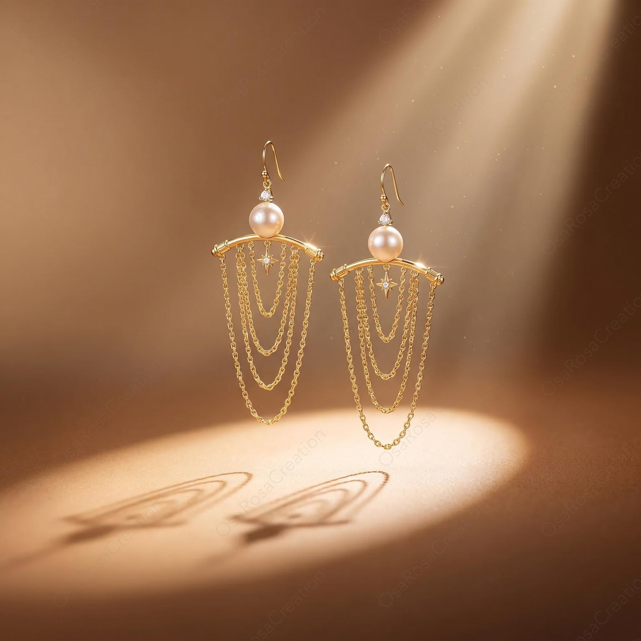 Pearl Star Dangle Earrings • 18k Gold Celestial Chain Fringe