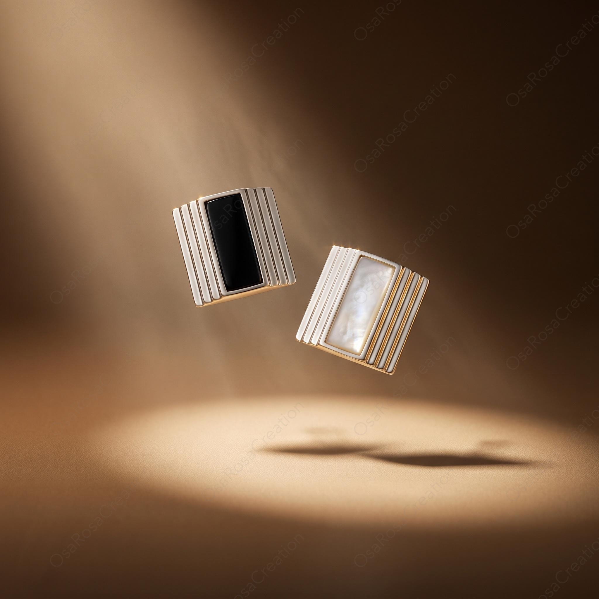 Art Deco Silver Rectangular Stud Earrings, Geometric Black White Architecture Jewelry