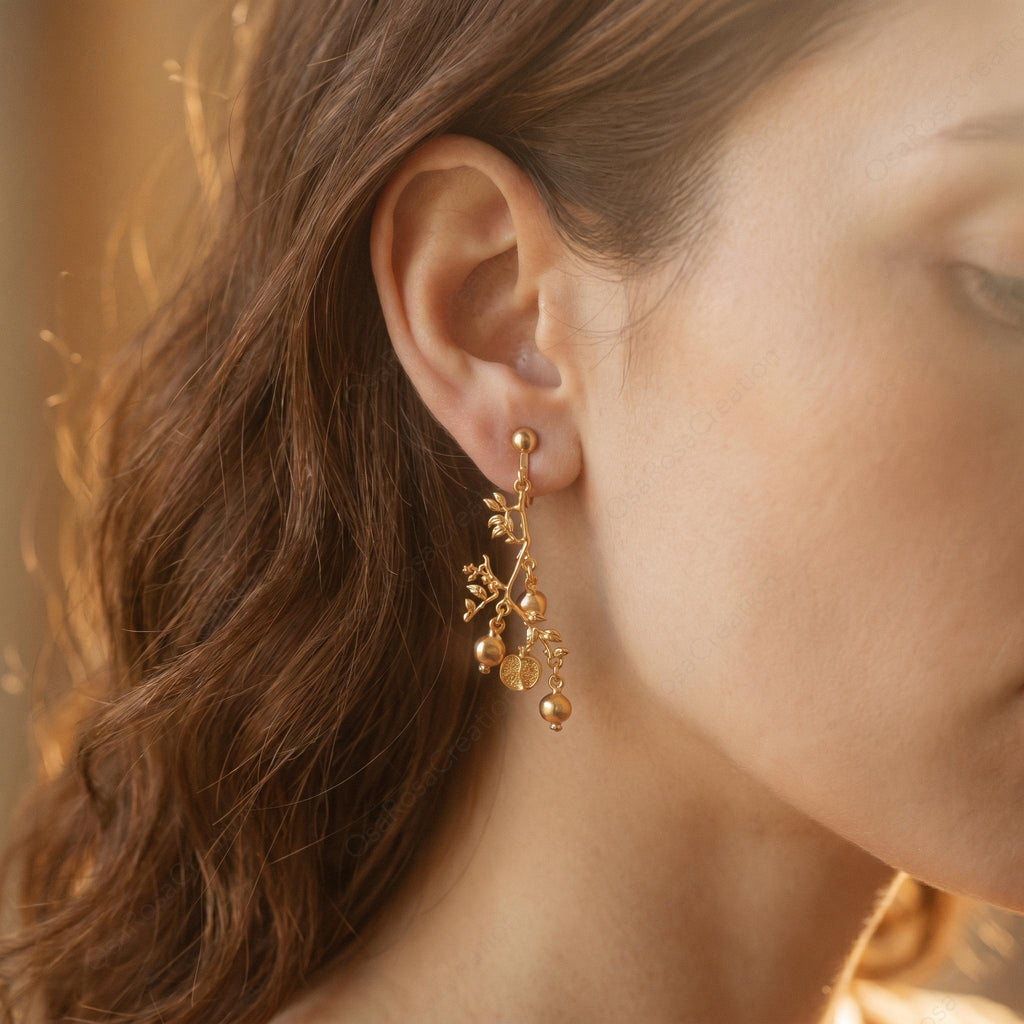 Pomegranate Earrings Gold Botanical Style | Nature Inspired Drop Earrings | Baroque Plant Jewelry for Women 5cm