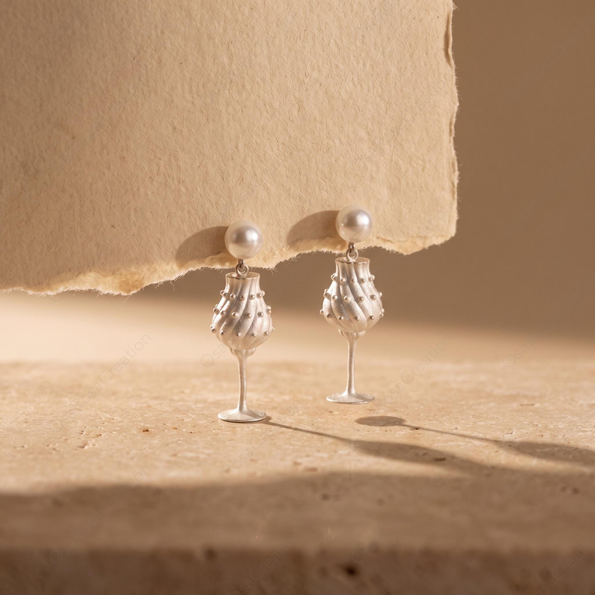 Sculptural Silver Goblet Earrings with Pearl, Vintage Inspired Whimsical Jewelry