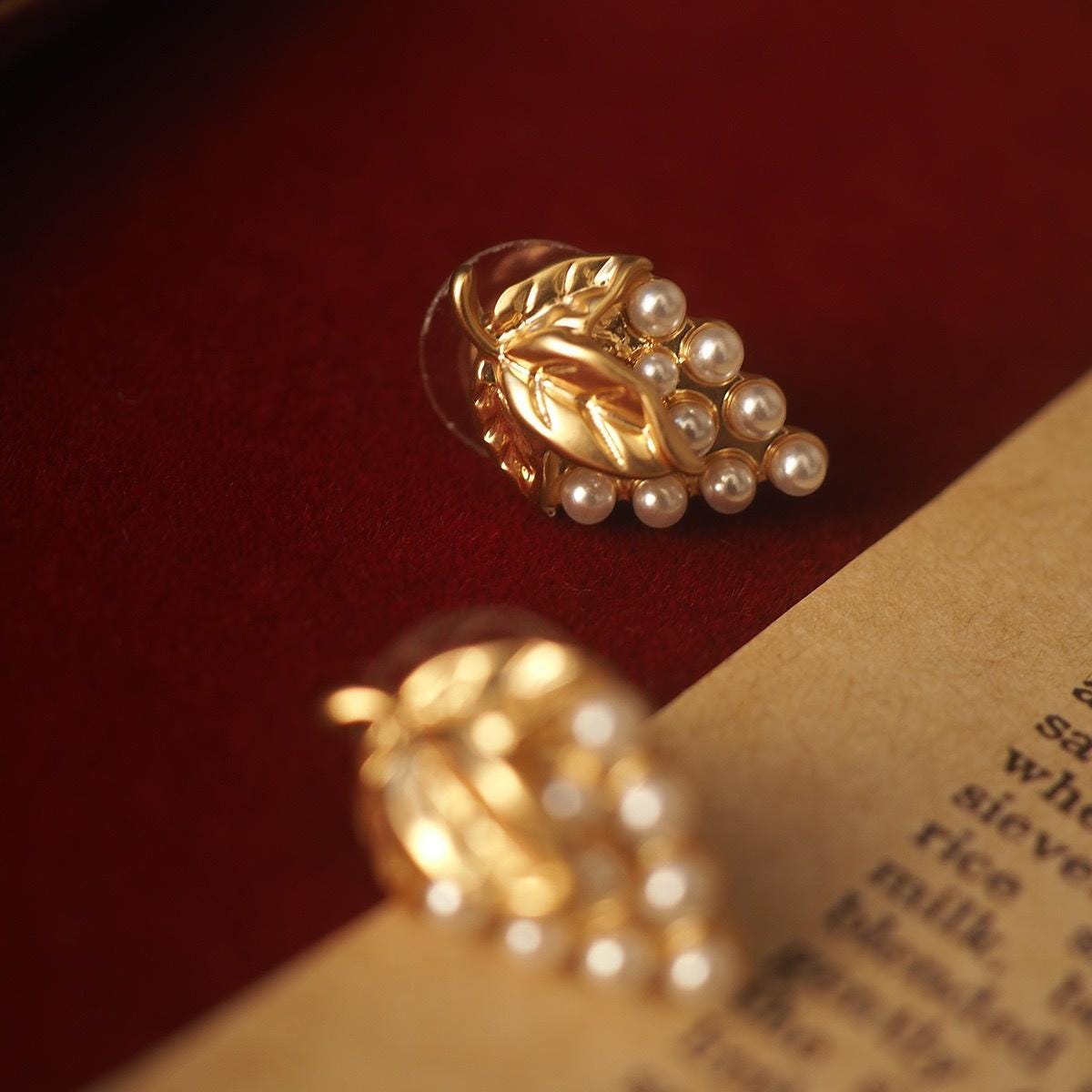 Gold Grape Pearl Stud Earrings, Vintage Botanical Dionysus Jewelry