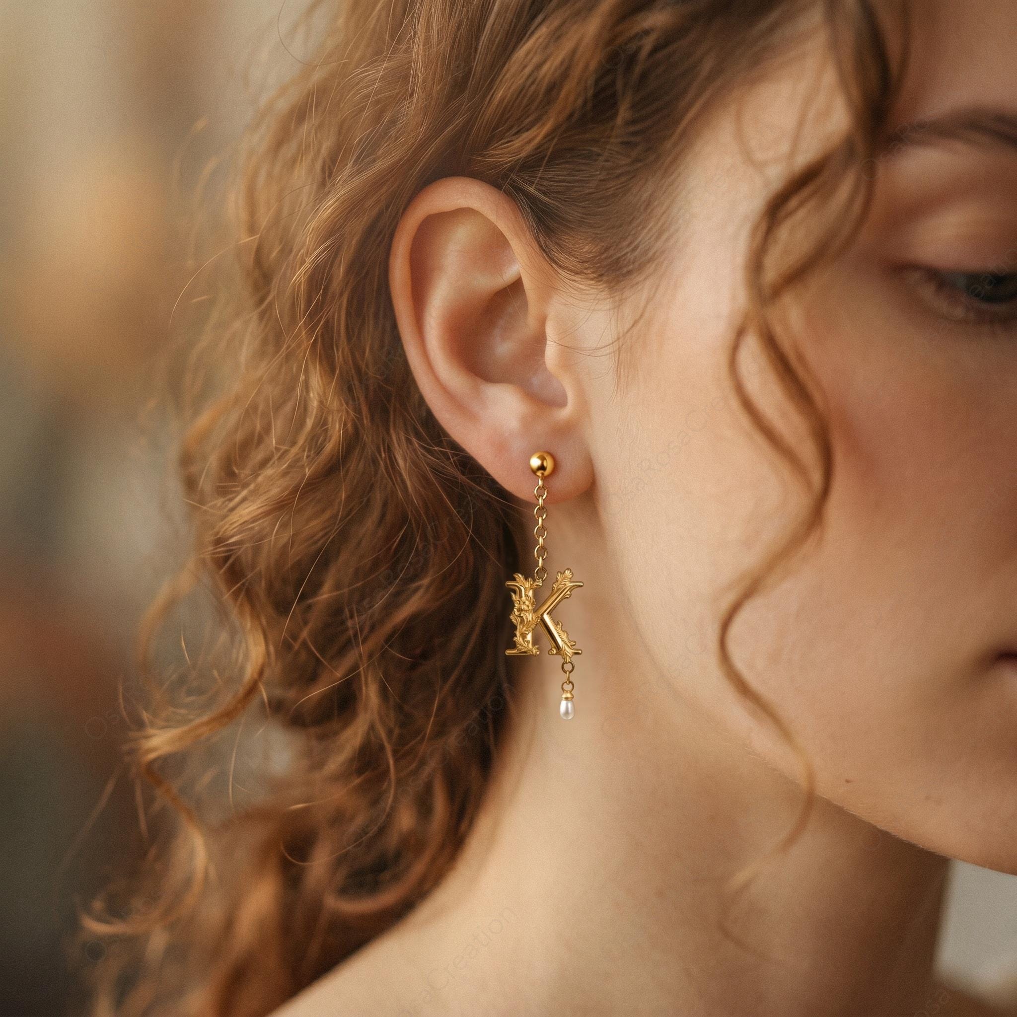 Baroque Letter K Earring • Gold Initial with Pearl Drop
