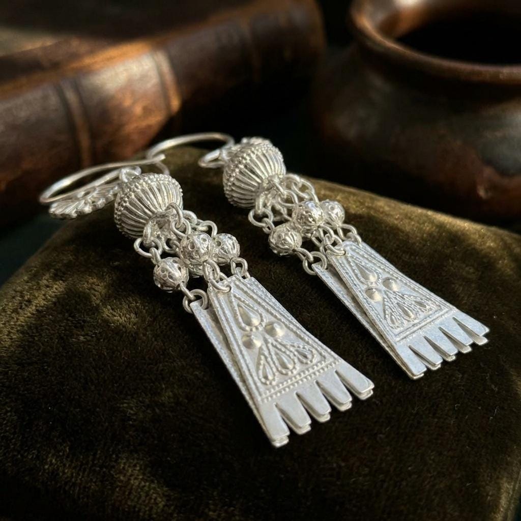 Matte Silver Tribal Tassel Earrings • Bohemian Fringe Jewelry