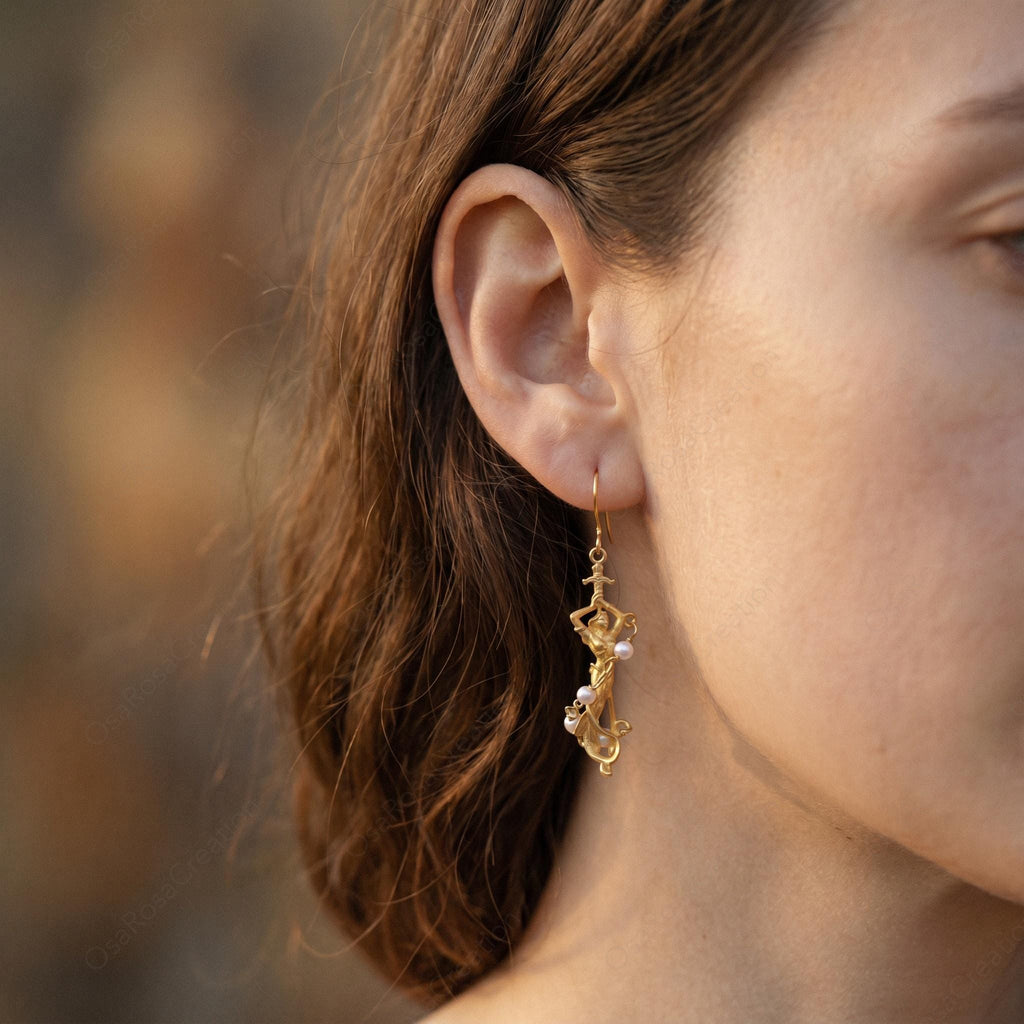 Gold Plated Mermaid Earrings | Siren, Pearl Accents, Hook or Clip