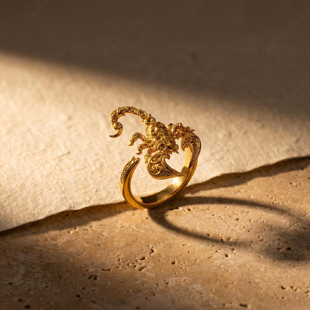 Gold Scorpion Ring, Baroque Engraved Animal Statement Jewelry, Adjustable Talisman Band