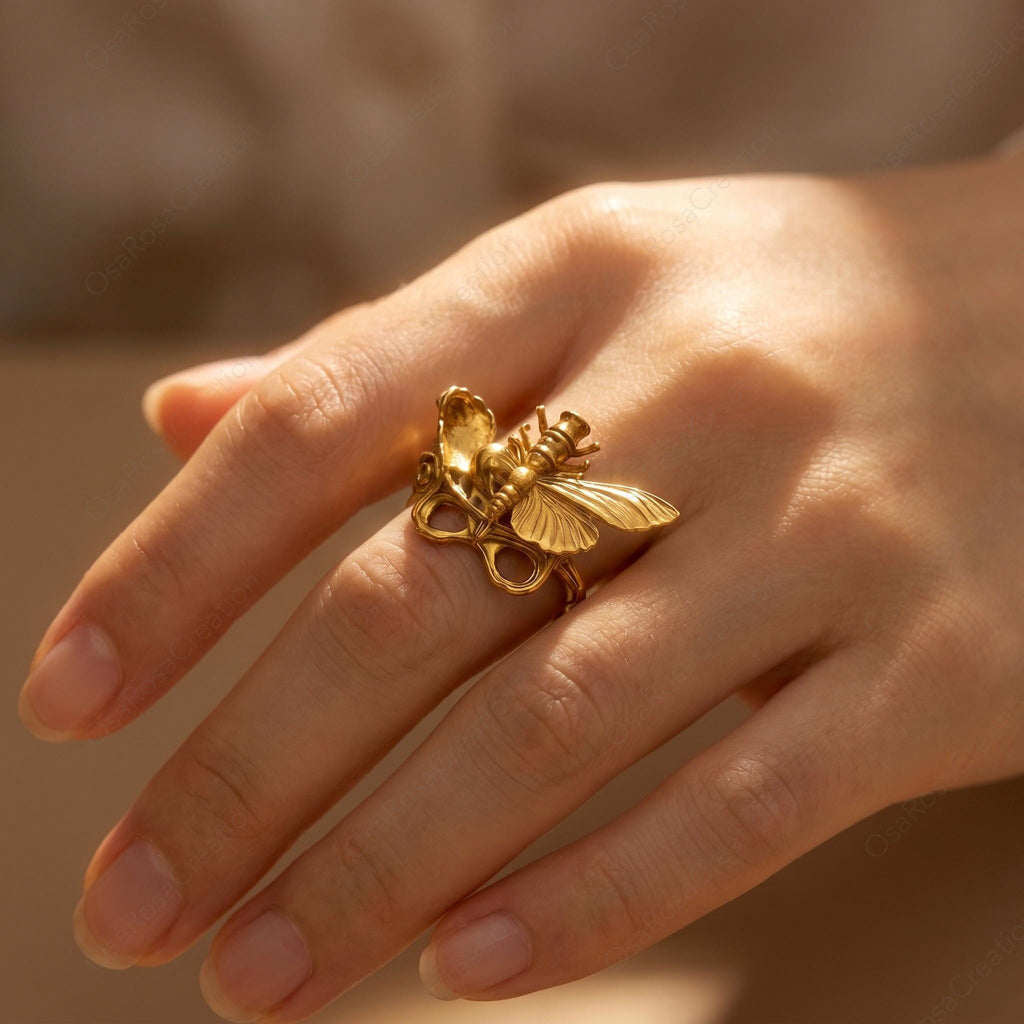 Gold Butterfly Ring, Art Nouveau Insect Jewelry, Botanical Filigree Statement Ring