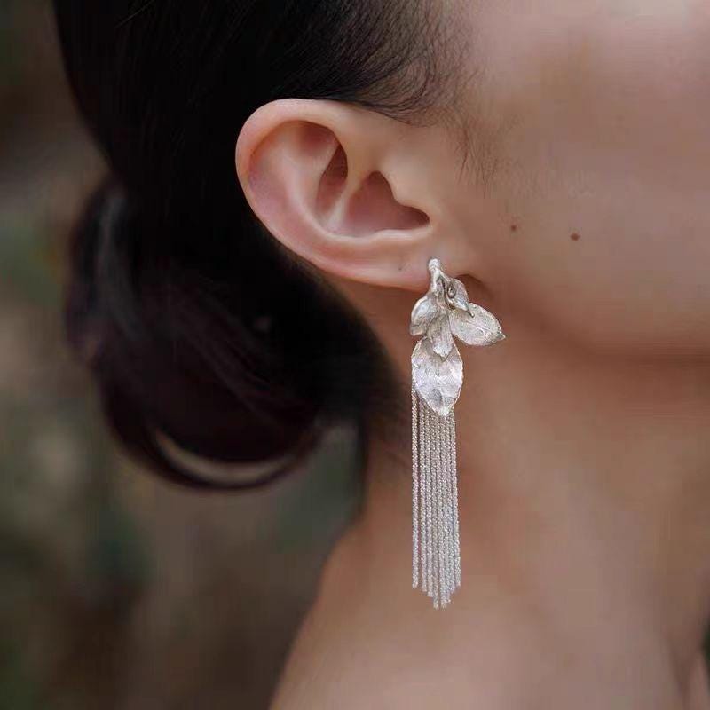Silver Leaf Tassel Earrings