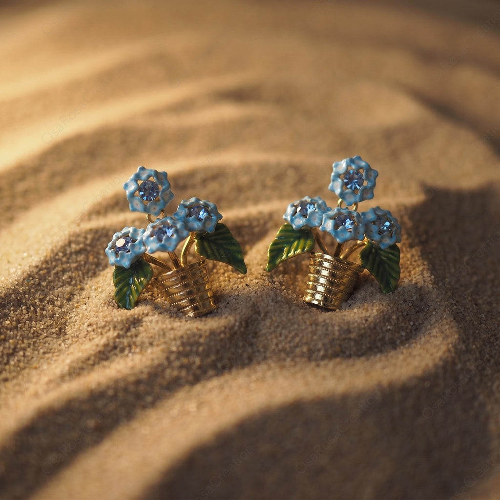 Blue Floral Basket Earrings, Vintage Enamel Flower Studs, French Garden Jewelry, Botanical Gold Earrings, Elegant Spring Accessory