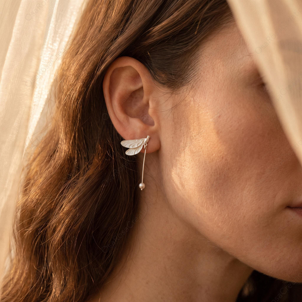 Silver Dragonfly Pearl Drop Earrings, Nature Inspired Bridal Jewelry