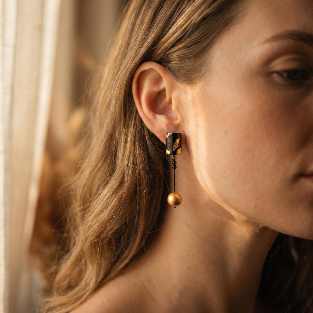 Black Gold Drop Earrings, Wabi Sabi Geometric Jewelry, Desert Inspired Statement Piece