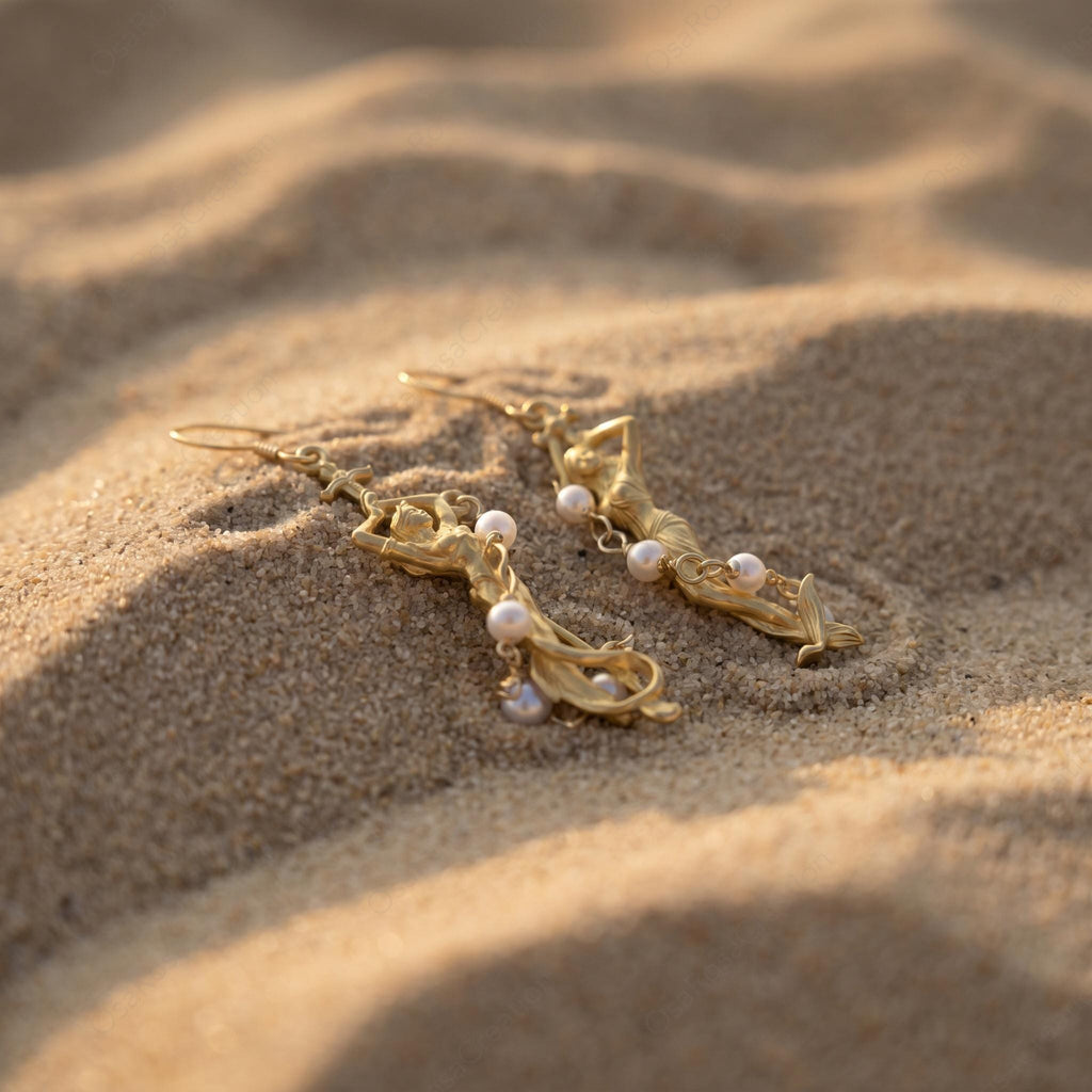 Gold Plated Mermaid Earrings | Siren, Pearl Accents, Hook or Clip