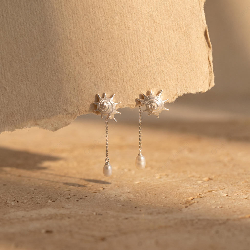 Silver Conch Shell Pearl Drop Earrings, Ocean Inspired Dangle Bridal Jewelry