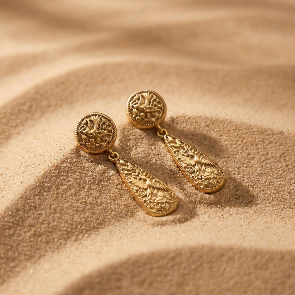 Gold-Plated Brass Botanical Teardrop Earrings, Victorian Embossed Dangle Jewelry