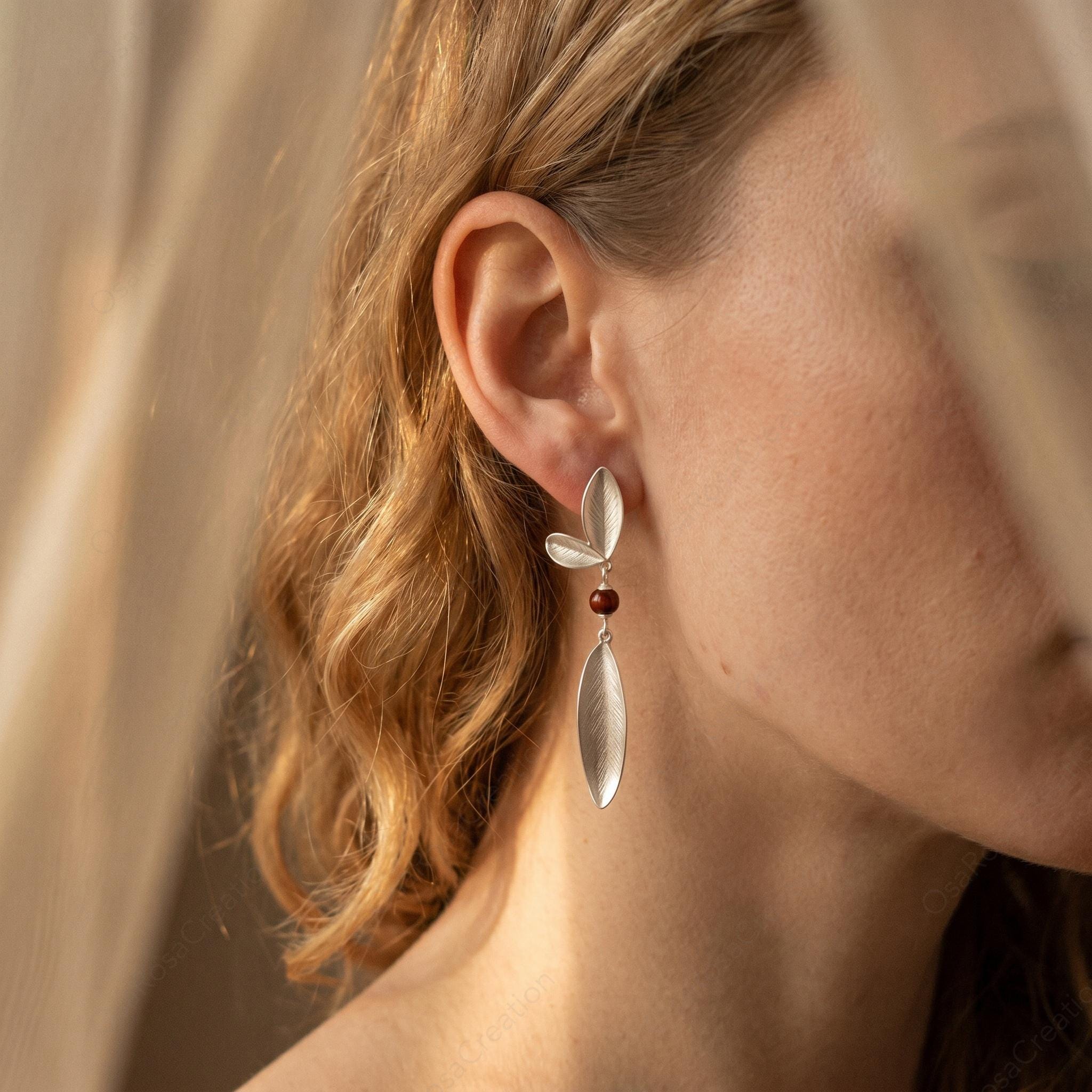 Sterling Silver Leaf Drop Earrings, Botanical Dangle, Nature Inspired Bridal Jewelry